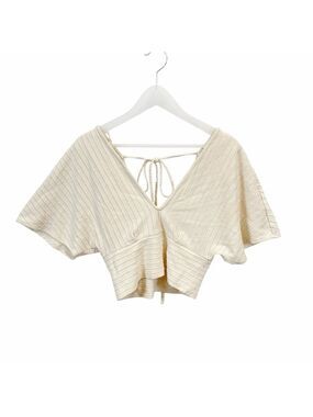 ZARA Trafaluc Cream Metallic Ribbed Knit Tie Back V Neck Summer Crop Top Small